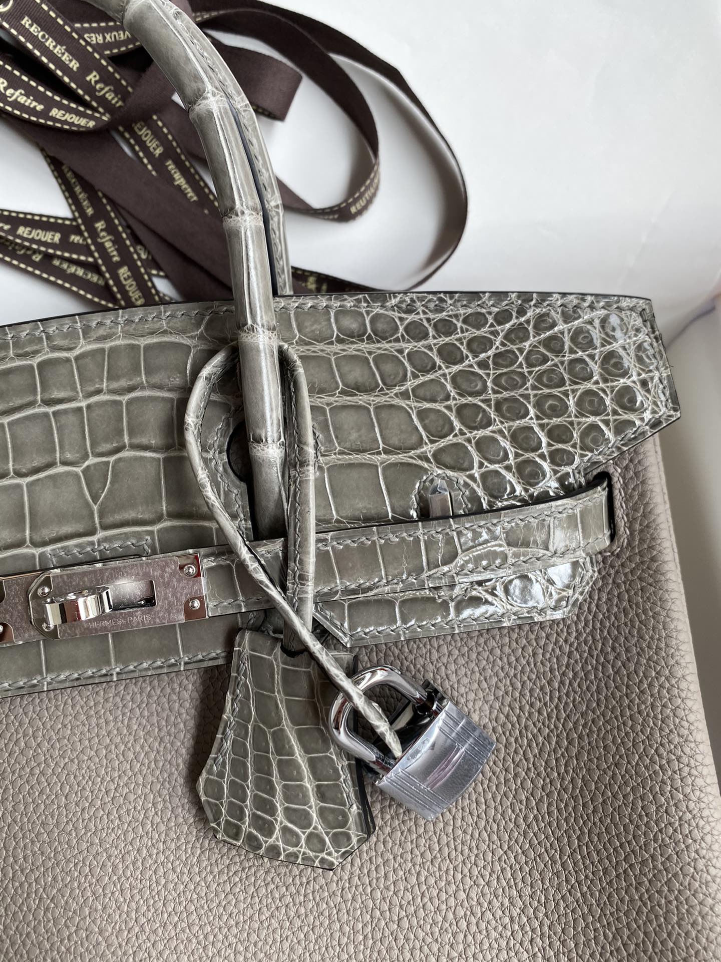 Hermes Touch Birkin 25CM Bag In Gris Asphalte Togo and Shiny Niloticus Crocodile Skin